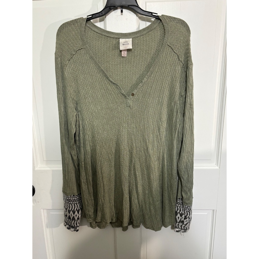 Knox Rose W XL Olive Green Ribbed Thermal Top Patterned Cuffs V-Neck Henley boho